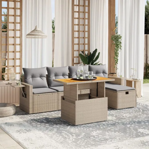 Conjunto de Sofás p/ Jardim com Almofadões Vime PE Bege (6 pcs)