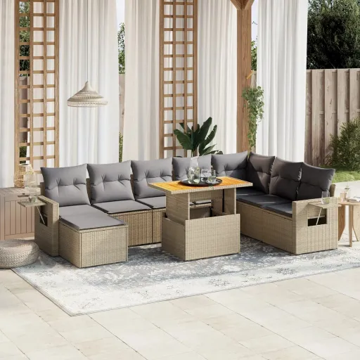 Conjunto de Sofás p/ Jardim com Almofadões Vime PE Bege (9 pcs)