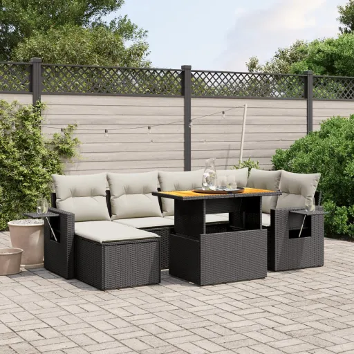 Conjunto de Sofás p/ Jardim c/ Almofadões Vime PE Preto (7 pcs)