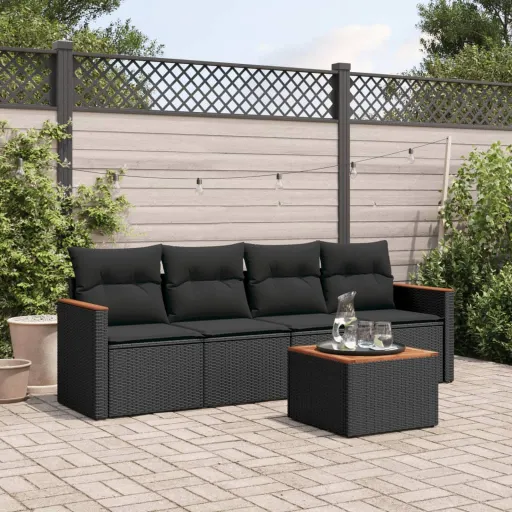 Conjunto Sofás de Jardim com Almofadões Vime PE Preto (5 pcs)