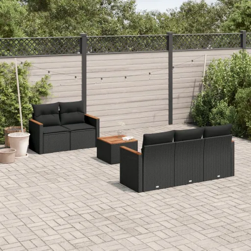 Conjunto Sofás de Jardim c/ Almofadões Vime PE Preto (6 pcs)