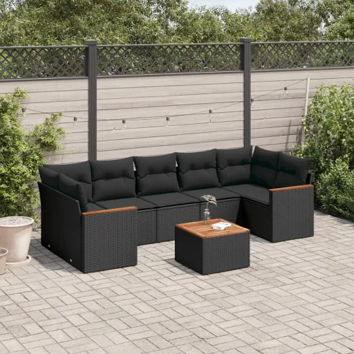 Conjunto Sofás de Jardim com Almofadões Vime PE Preto (8 pcs)