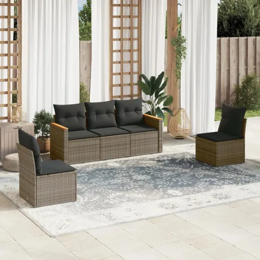 Conjunto Sofás de Jardim c/ Almofadões Vime PE Cinzento (5 pcs)