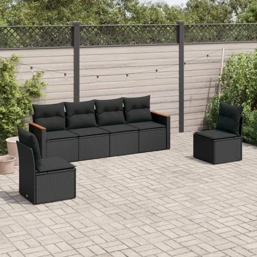 Conjunto Sofás de Jardim c/ Almofadões Vime PE Preto (6 pcs)