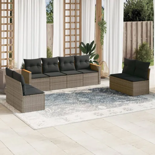 Conjunto Sofás de Jardim c/ Almofadões Vime PE Cinzento (8 pcs)