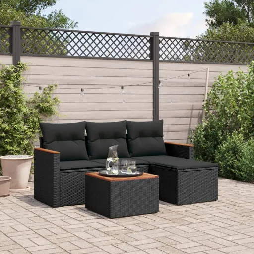 Conjunto Sofás de Jardim com Almofadões Vime PE Preto (5 pcs)