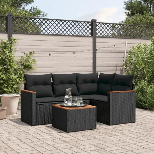 Conjunto Sofás de Jardim com Almofadões Vime PE Preto (5 pcs)