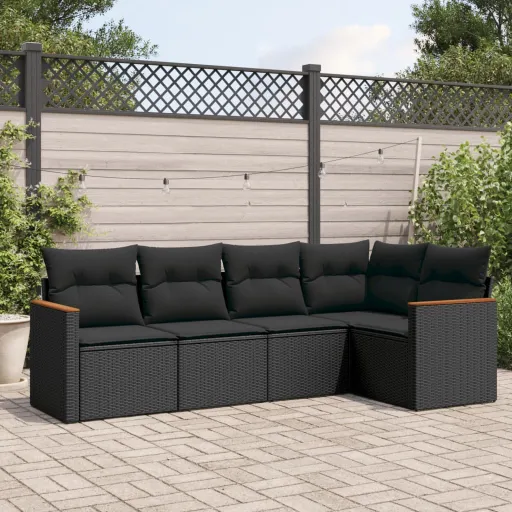 Conjunto Sofás de Jardim com Almofadões Vime PE Preto (5 pcs)