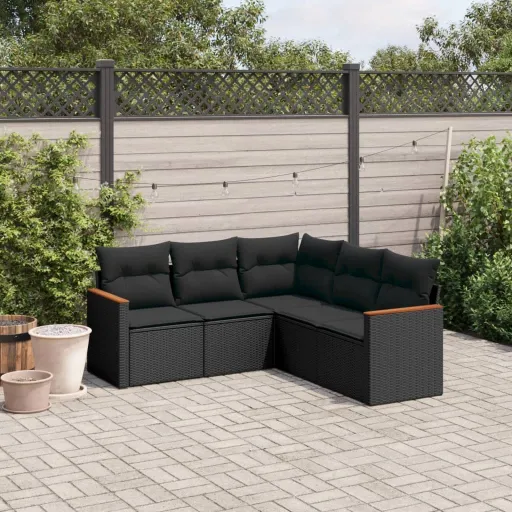 Conjunto Sofás de Jardim com Almofadões Vime PE Preto (5 pcs)