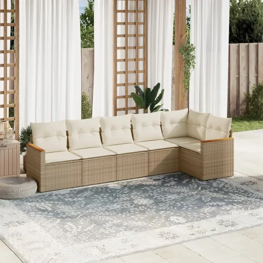 Conjunto de Sofás p/ Jardim com Almofadões Vime PE Bege (6 pcs)