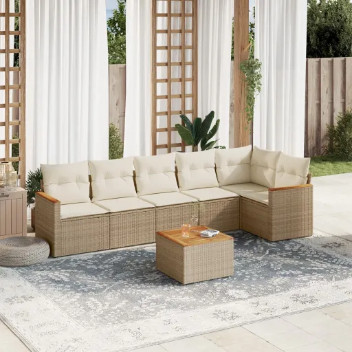 Conjunto de Sofás p/ Jardim com Almofadões Vime PE Bege (7 pcs)