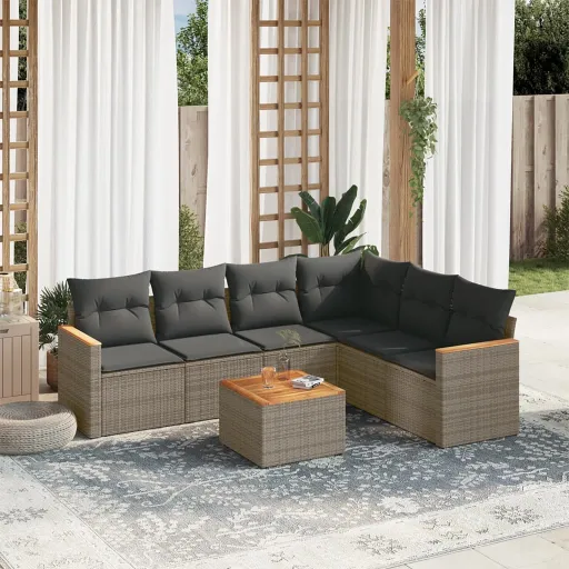 Conjunto Sofás p/ Jardim c/ Almofadões Vime PE Cinzento (7 pcs)