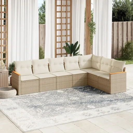 Conjunto de Sofás p/ Jardim com Almofadões Vime PE Bege (7 pcs)
