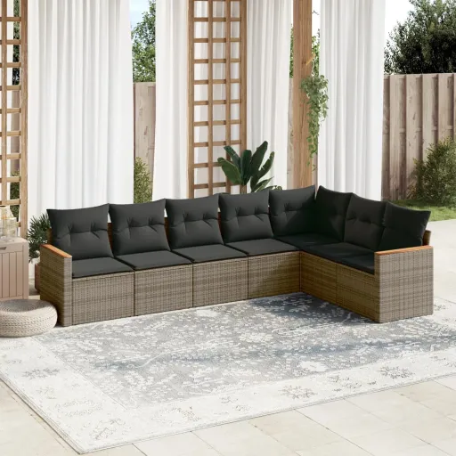 Conjunto Sofás p/ Jardim c/ Almofadões Vime PE Cinzento (7 pcs)