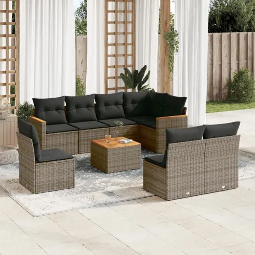 Conjunto Sofás p/ Jardim com Almofadões Vime PE Cinzento (9 pcs)
