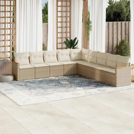 Conjunto de Sofás p/ Jardim com Almofadões Vime PE Bege (9 pcs)