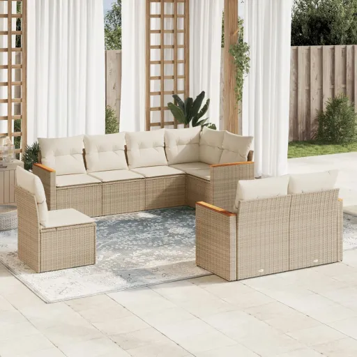 Conjunto de Sofás p/ Jardim com Almofadões Vime PE Bege (8 pcs)