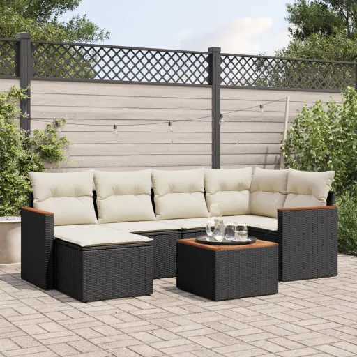 Conjunto de Sofás p/ Jardim c/ Almofadões Vime PE Preto (7 pcs)
