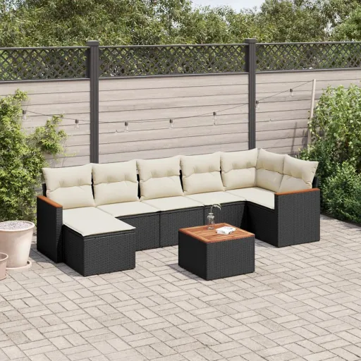 Conjunto Sofás de Jardim com Almofadões Vime PE Preto (8 pcs)