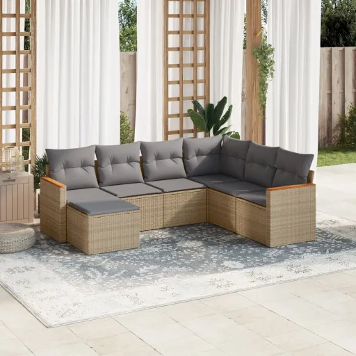 Conj. Sofás Jardim c/ Almofadões Vime PE Bege Misturado (7 pcs)