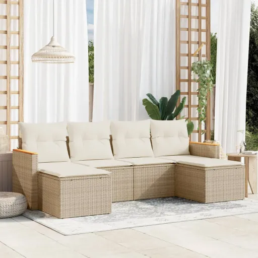 Conjunto de Sofás p/ Jardim com Almofadões Vime PE Bege (6 pcs)