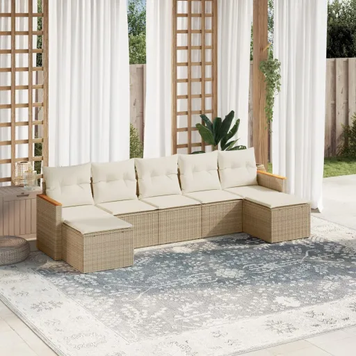 Conjunto de Sofás p/ Jardim com Almofadões Vime PE Bege (7 pcs)
