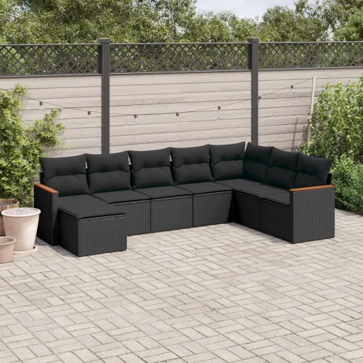Conjunto Sofás de Jardim com Almofadões Vime PE Preto (8 pcs)