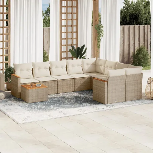 Conjunto de Sofás p/ Jardim com Almofadões Vime PE Bege (10 pcs)