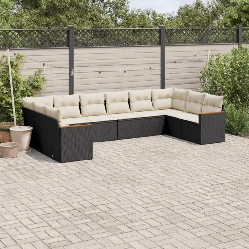 Conjunto Sofás de Jardim c/ Almofadões Vime PE Preto (10 pcs)