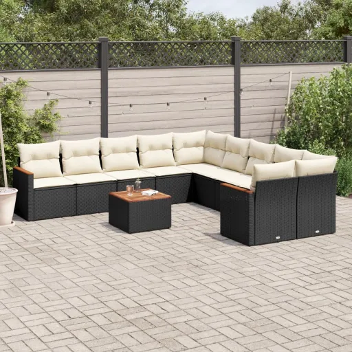 Conjunto Sofás de Jardim c/ Almofadões Vime PE Preto (11 pcs)