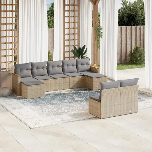Conj. Sofás Jardim c/ Almofadões Vime PE Bege Misturado (9 pcs)