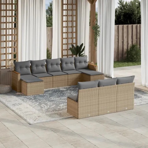 Conj. Sofás Jardim c/ Almofadões Vime PE Bege Misturado (10 pcs)