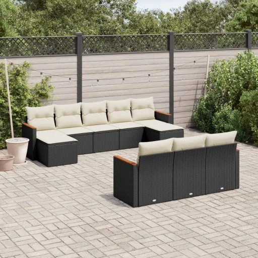 Conjunto Sofás de Jardim c/ Almofadões Vime PE Preto (10 pcs)