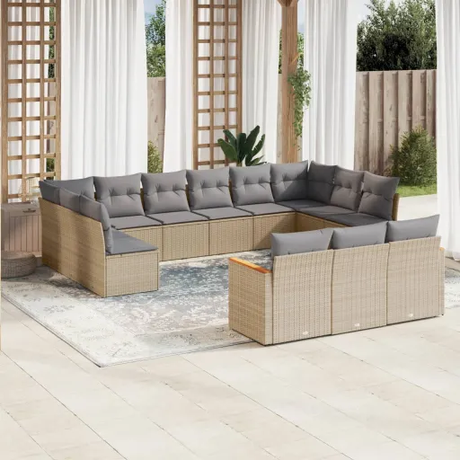 Conj. Sofás Jardim c/ Almofadões Vime PE Bege Misturado (13 pcs)