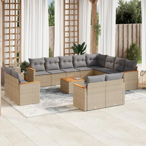 Conj. Sofás Jardim c/ Almofadões Vime PE Bege Misturado (13 pcs)
