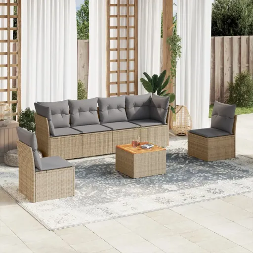 Conj. Sofás Jardim c/ Almofadões Vime PE Bege Misturado (7 pcs)
