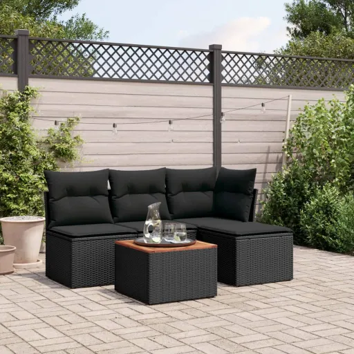 Conjunto Sofás de Jardim com Almofadões Vime PE Preto (5 pcs)