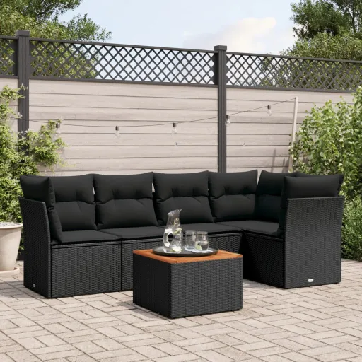 Conjunto Sofás de Jardim c/ Almofadões Vime PE Preto (6 pcs)