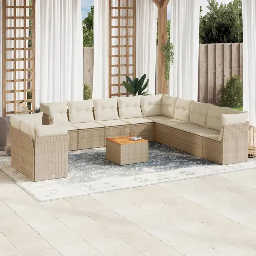 Conjunto de Sofás p/ Jardim com Almofadões Vime PE Bege (12 pcs)