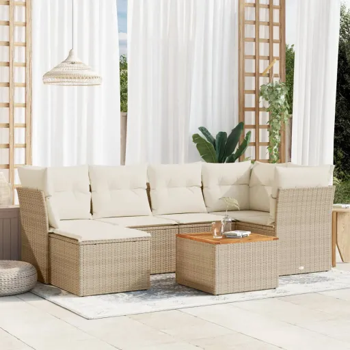 Conjunto de Sofás p/ Jardim com Almofadões Vime PE Bege (7 pcs)