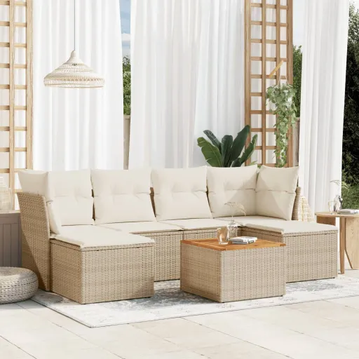 Conjunto de Sofás p/ Jardim com Almofadões Vime PE Bege (7 pcs)