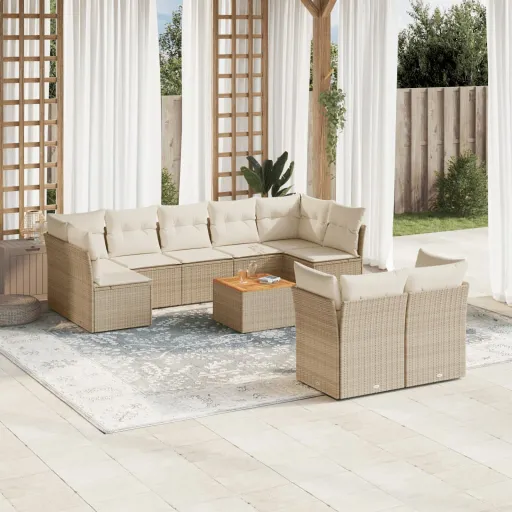 Conjunto de Sofás p/ Jardim com Almofadões Vime PE Bege (10 pcs)