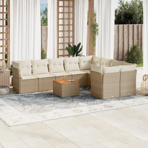 Conjunto de Sofás p/ Jardim com Almofadões Vime PE Bege (10 pcs)