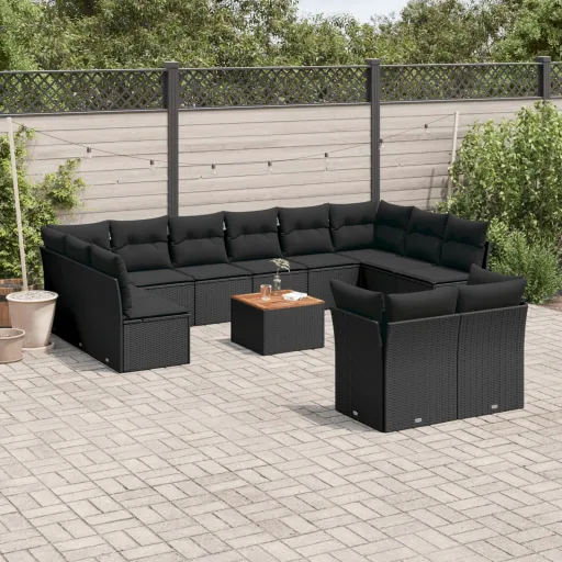 Conjunto de Sofás de Jardim com Almofadões Vime PE Preto (13 pcs)