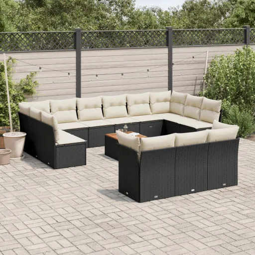 Conjunto de Sofás p/ Jardim c/ Almofadões Vime PE Preto (14 pcs)