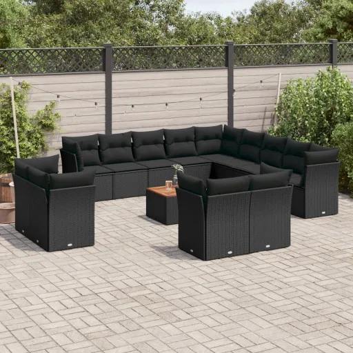 Conjunto de Sofás p/ Jardim c/ Almofadões Vime PE Preto (14 pcs)
