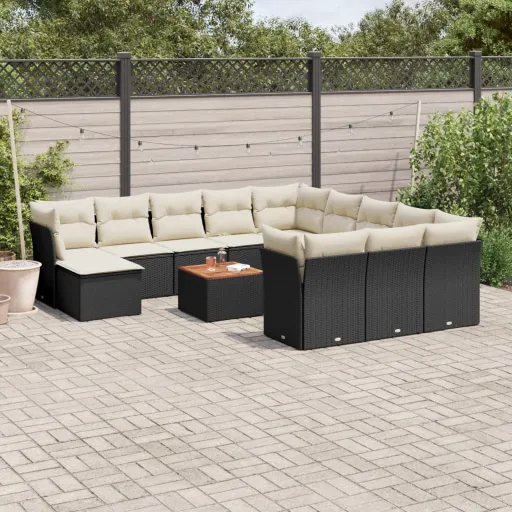 Conjunto de Sofás de Jardim com Almofadões Vime PE Preto (13 pcs)