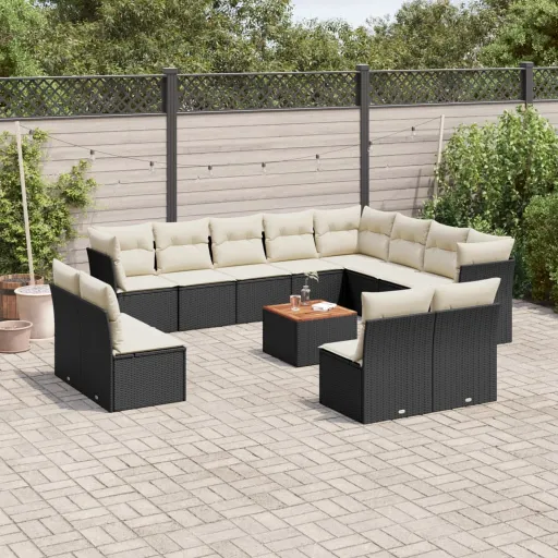 Conjunto de Sofás de Jardim com Almofadões Vime PE Preto (13 pcs)