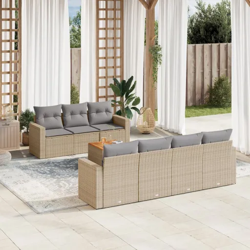 Conj. Sofás Jardim c/ Almofadões Vime PE Bege Misturado (8 pcs)