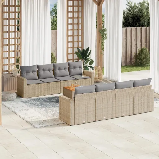 Conj. Sofás Jardim c/ Almofadões Vime PE Bege Misturado (9 pcs)